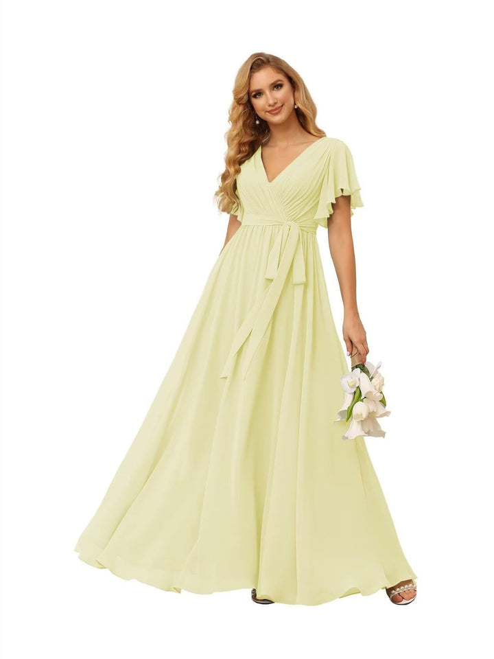 Ligne A  Col en V Court Manche   Floor Length Robes de Demoiselle d'Honneur  Mousseline  avec Froufrous Bow(s)