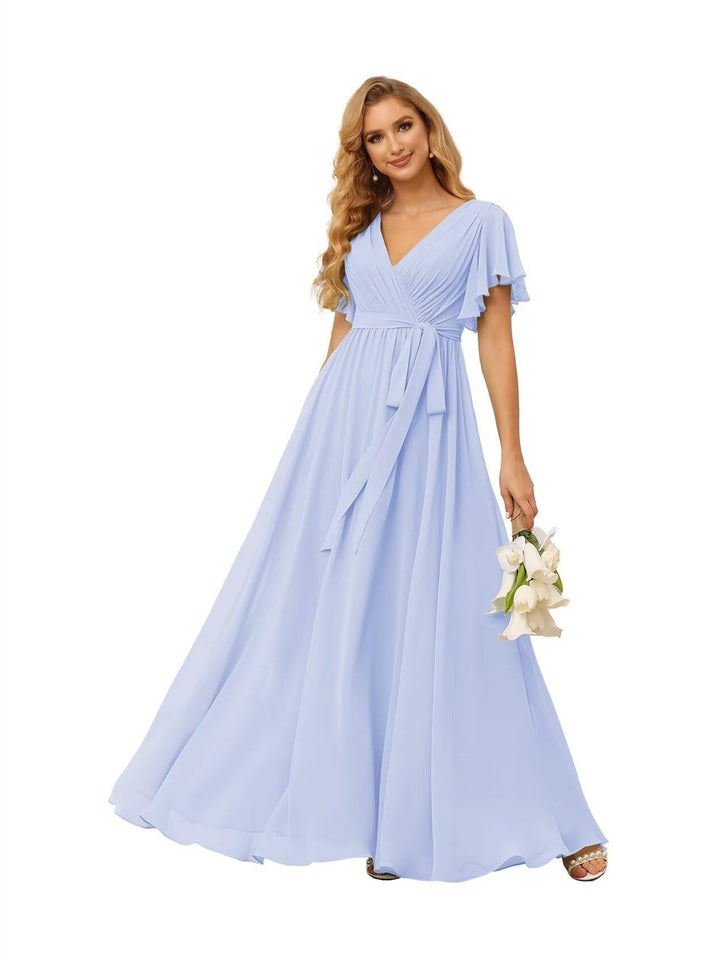 Ligne A  Col en V Court Manche   Floor Length Robes de Demoiselle d'Honneur  Mousseline  avec Froufrous Bow(s)