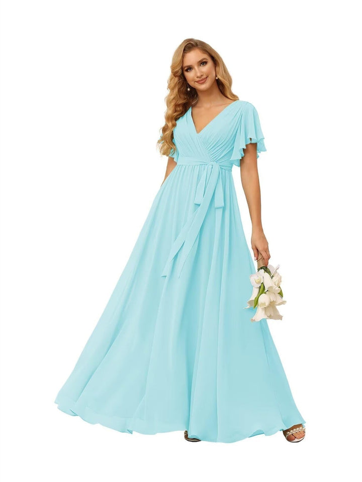 Ligne A  Col en V Court Manche   Floor Length Robes de Demoiselle d'Honneur  Mousseline  avec Froufrous Bow(s)