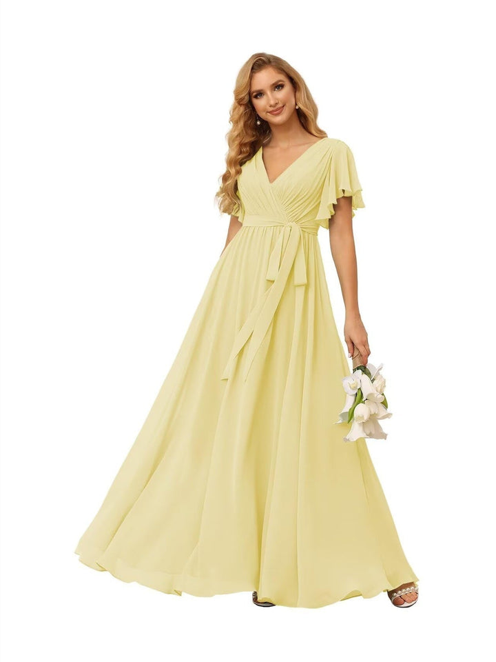 Ligne A  Col en V Court Manche   Floor Length Robes de Demoiselle d'Honneur  Mousseline  avec Froufrous Bow(s)
