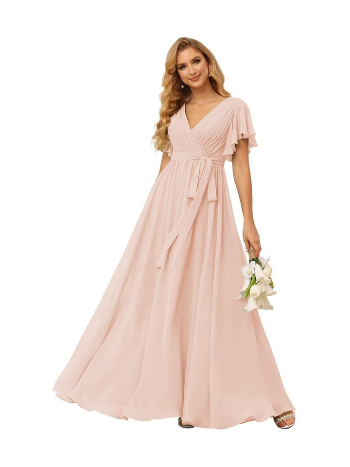 Ligne A  Col en V Court Manche   Floor Length Robes de Demoiselle d'Honneur  Mousseline  avec Froufrous Bow(s)