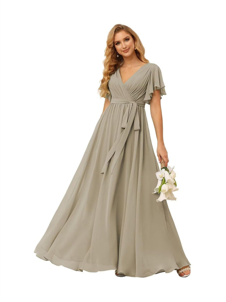 Ligne A  Col en V Court Manche   Floor Length Robes de Demoiselle d'Honneur  Mousseline  avec Froufrous Bow(s)
