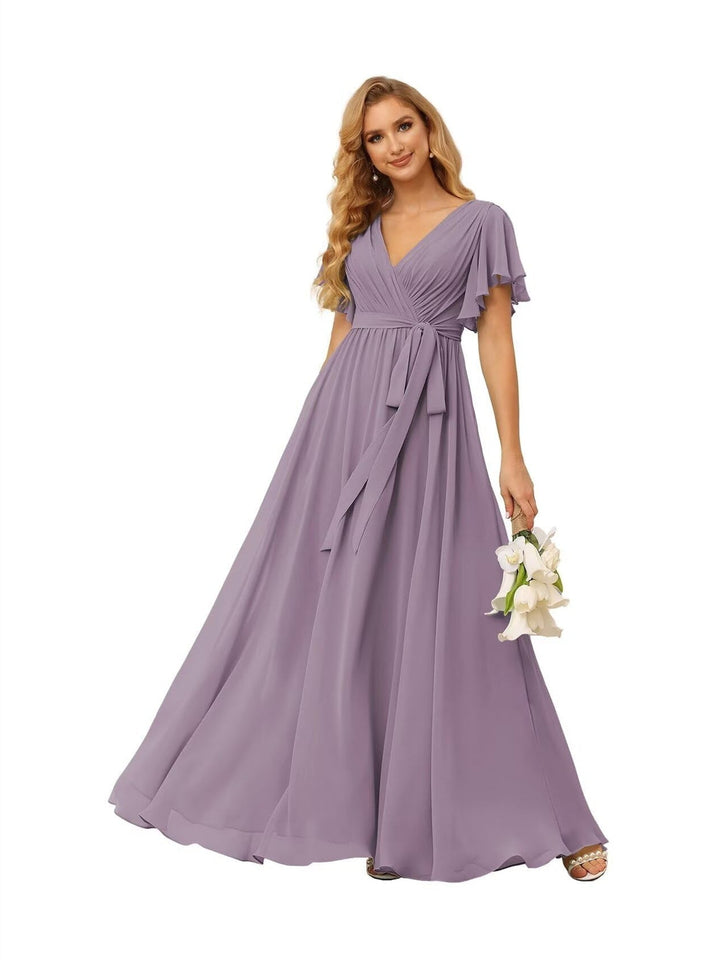 Ligne A  Col en V Court Manche   Floor Length Robes de Demoiselle d'Honneur  Mousseline  avec Froufrous Bow(s)
