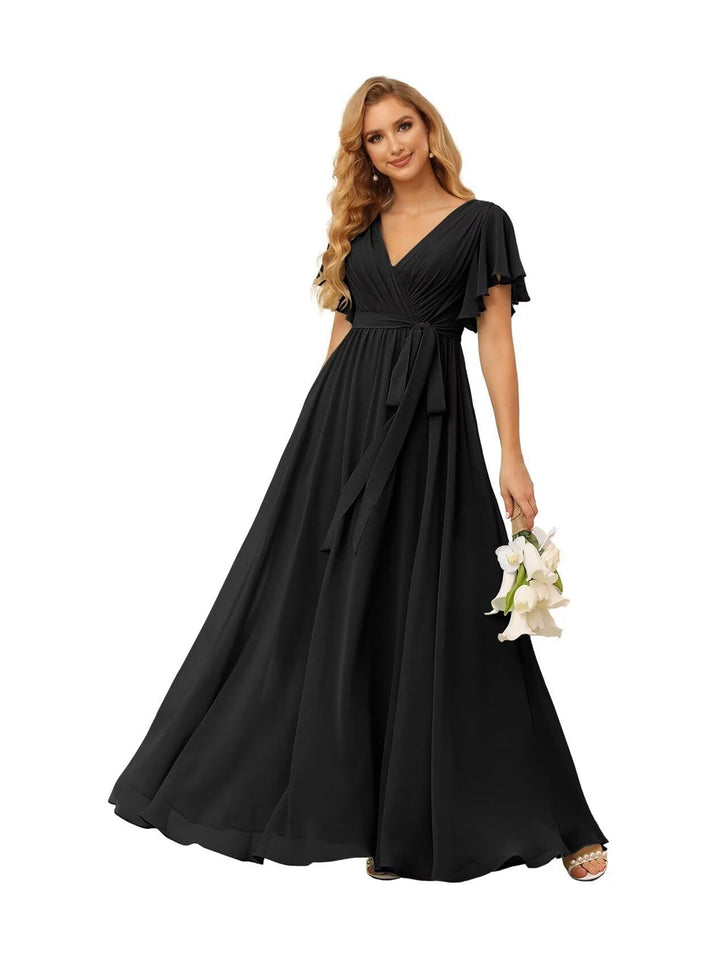Ligne A  Col en V Court Manche   Floor Length Robes de Demoiselle d'Honneur  Mousseline  avec Froufrous Bow(s)