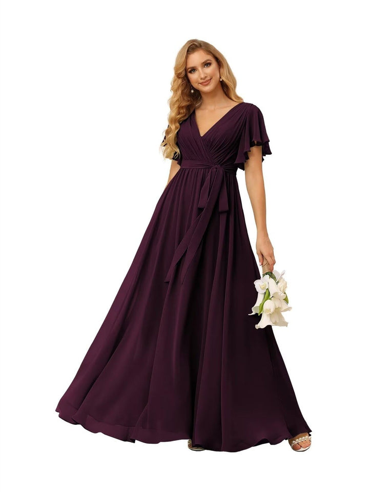 Ligne A  Col en V Court Manche   Floor Length Robes de Demoiselle d'Honneur  Mousseline  avec Froufrous Bow(s)