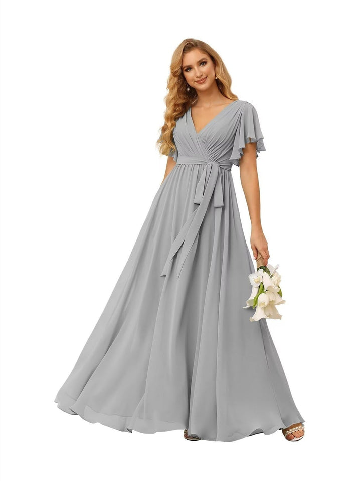 Ligne A  Col en V Court Manche   Floor Length Robes de Demoiselle d'Honneur  Mousseline  avec Froufrous Bow(s)
