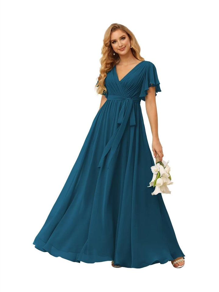 Ligne A  Col en V Court Manche   Floor Length Robes de Demoiselle d'Honneur  Mousseline  avec Froufrous Bow(s)