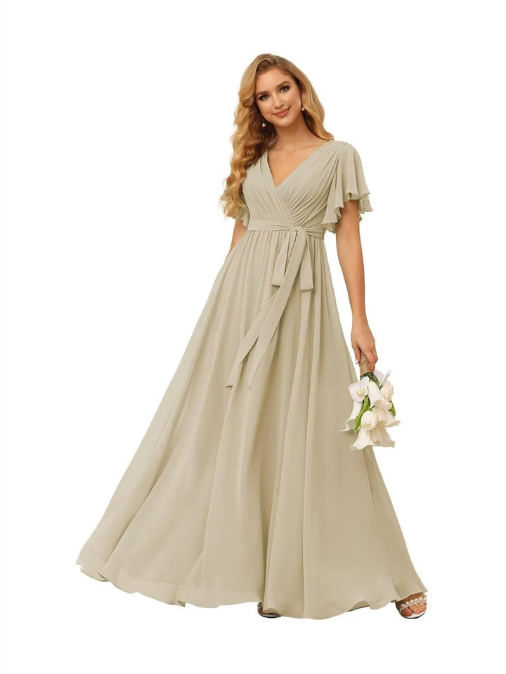 Ligne A  Col en V Court Manche   Floor Length Robes de Demoiselle d'Honneur  Mousseline  avec Froufrous Bow(s)