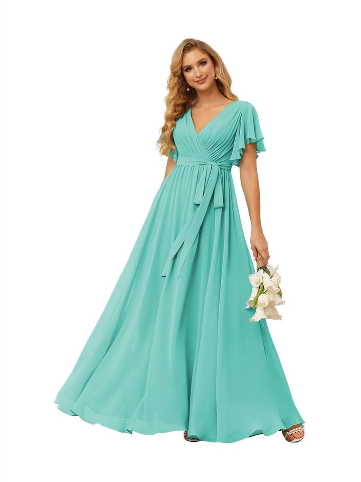 Ligne A  Col en V Court Manche   Floor Length Robes de Demoiselle d'Honneur  Mousseline  avec Froufrous Bow(s)