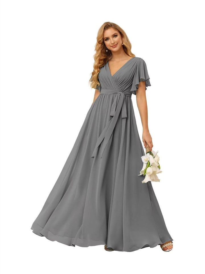 Ligne A  Col en V Court Manche   Floor Length Robes de Demoiselle d'Honneur  Mousseline  avec Froufrous Bow(s)