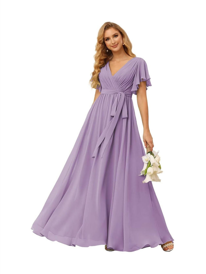 Ligne A  Col en V Court Manche   Floor Length Robes de Demoiselle d'Honneur  Mousseline  avec Froufrous Bow(s)