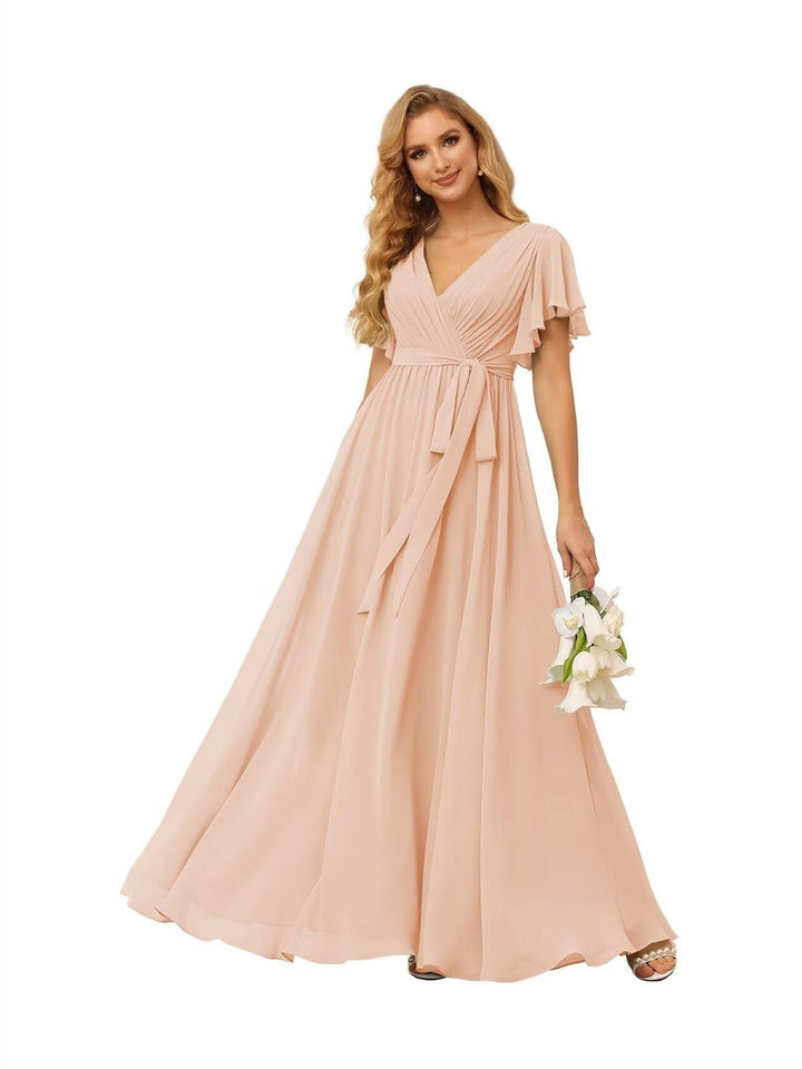 Ligne A  Col en V Court Manche   Floor Length Robes de Demoiselle d'Honneur  Mousseline  avec Froufrous Bow(s)
