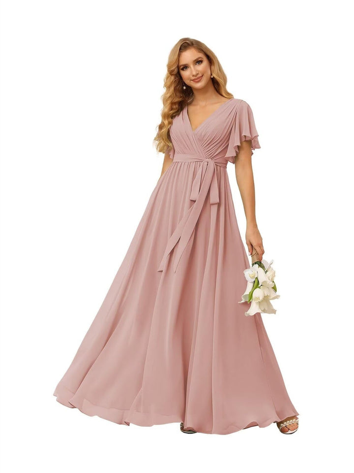 Ligne A  Col en V Court Manche   Floor Length Robes de Demoiselle d'Honneur  Mousseline  avec Froufrous Bow(s)