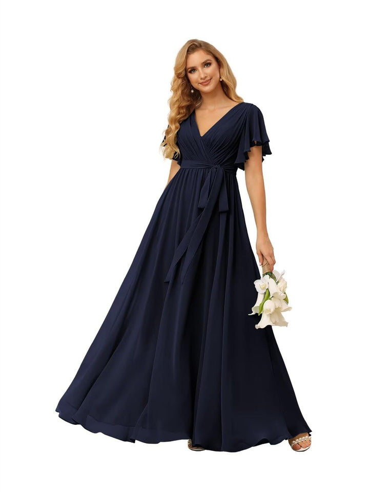 Ligne A  Col en V Court Manche   Floor Length Robes de Demoiselle d'Honneur  Mousseline  avec Froufrous Bow(s)