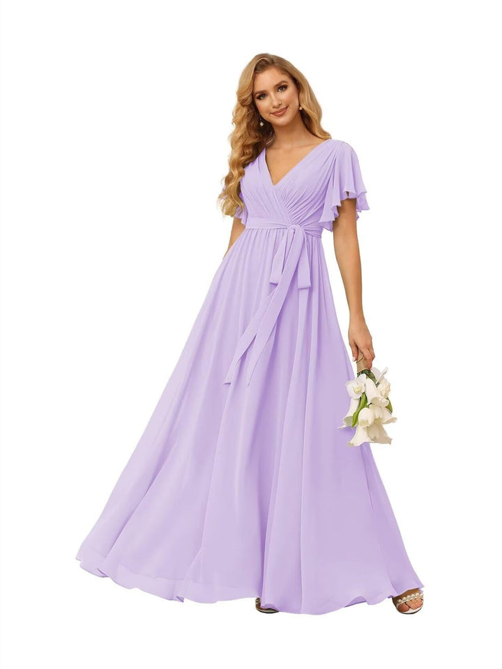 Ligne A  Col en V Court Manche   Floor Length Robes de Demoiselle d'Honneur  Mousseline  avec Froufrous Bow(s)
