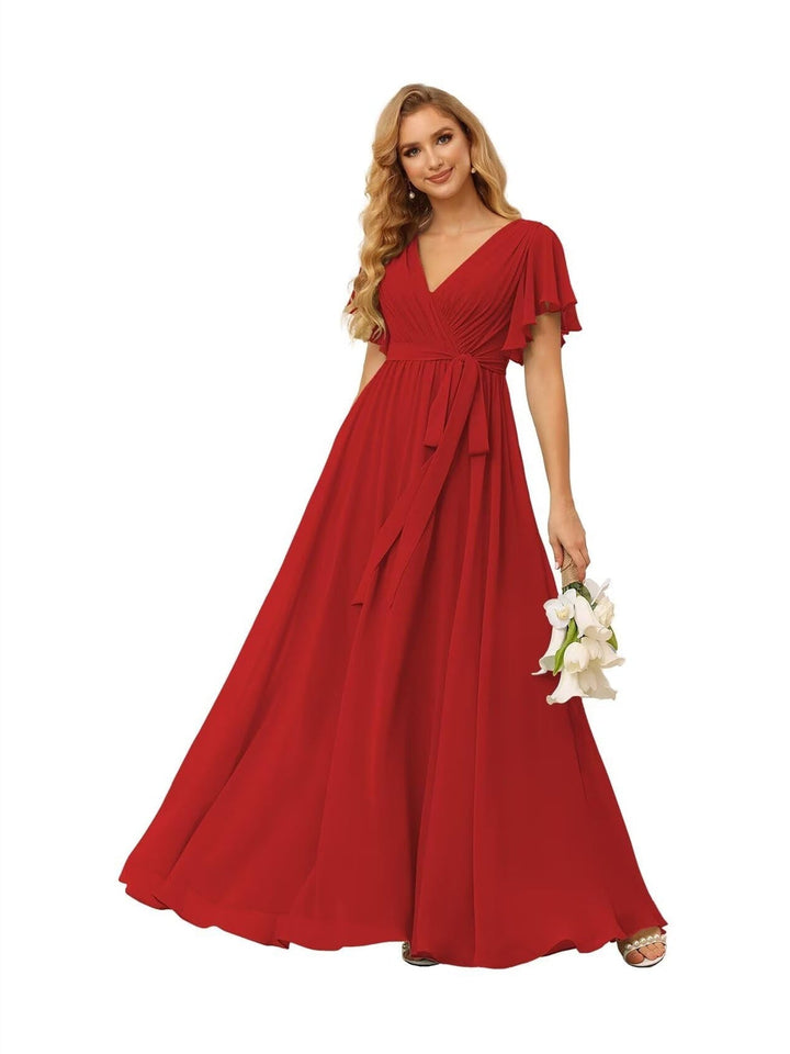 Ligne A  Col en V Court Manche   Floor Length Robes de Demoiselle d'Honneur  Mousseline  avec Froufrous Bow(s)
