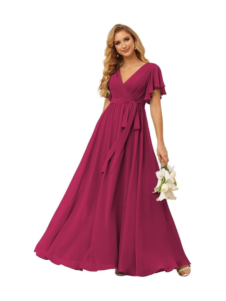 Ligne A  Col en V Court Manche   Floor Length Robes de Demoiselle d'Honneur  Mousseline  avec Froufrous Bow(s)