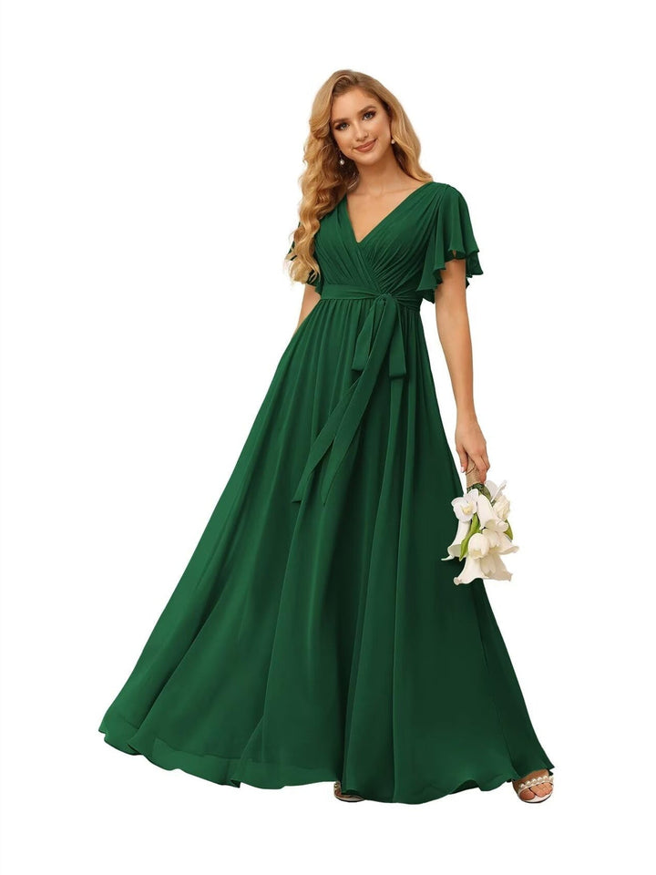 Ligne A  Col en V Court Manche   Floor Length Robes de Demoiselle d'Honneur  Mousseline  avec Froufrous Bow(s)