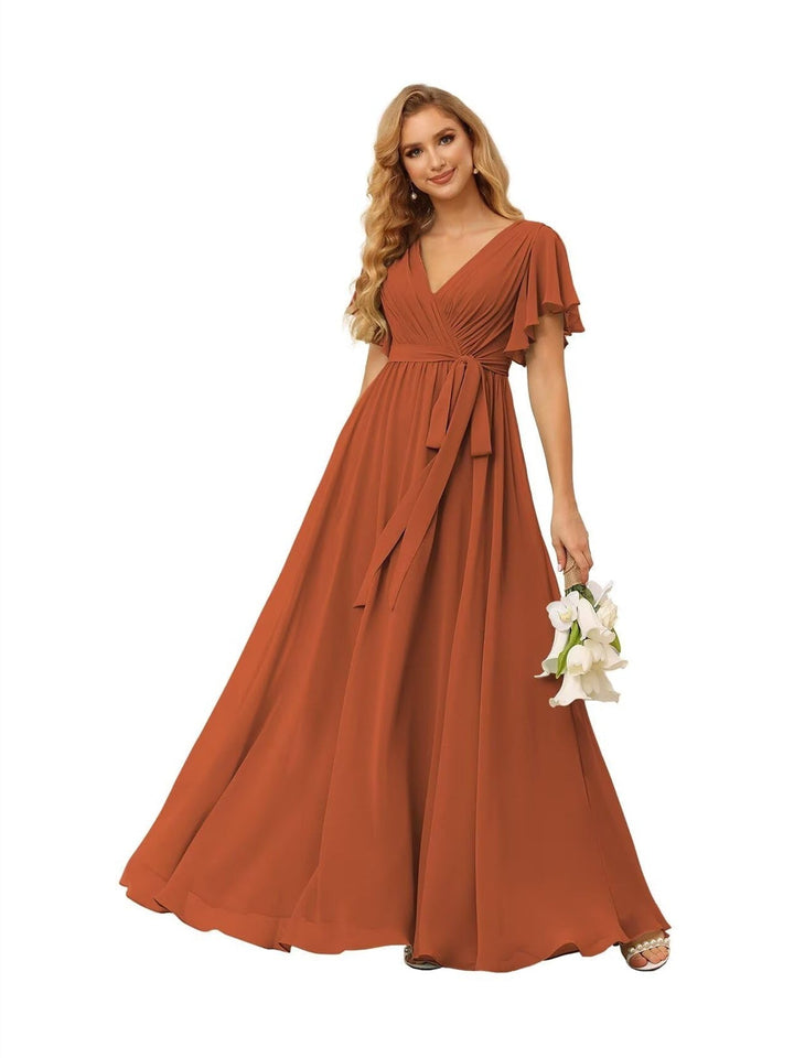 Ligne A  Col en V Court Manche   Floor Length Robes de Demoiselle d'Honneur  Mousseline  avec Froufrous Bow(s)