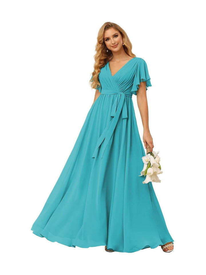 Ligne A  Col en V Court Manche   Floor Length Robes de Demoiselle d'Honneur  Mousseline  avec Froufrous Bow(s)