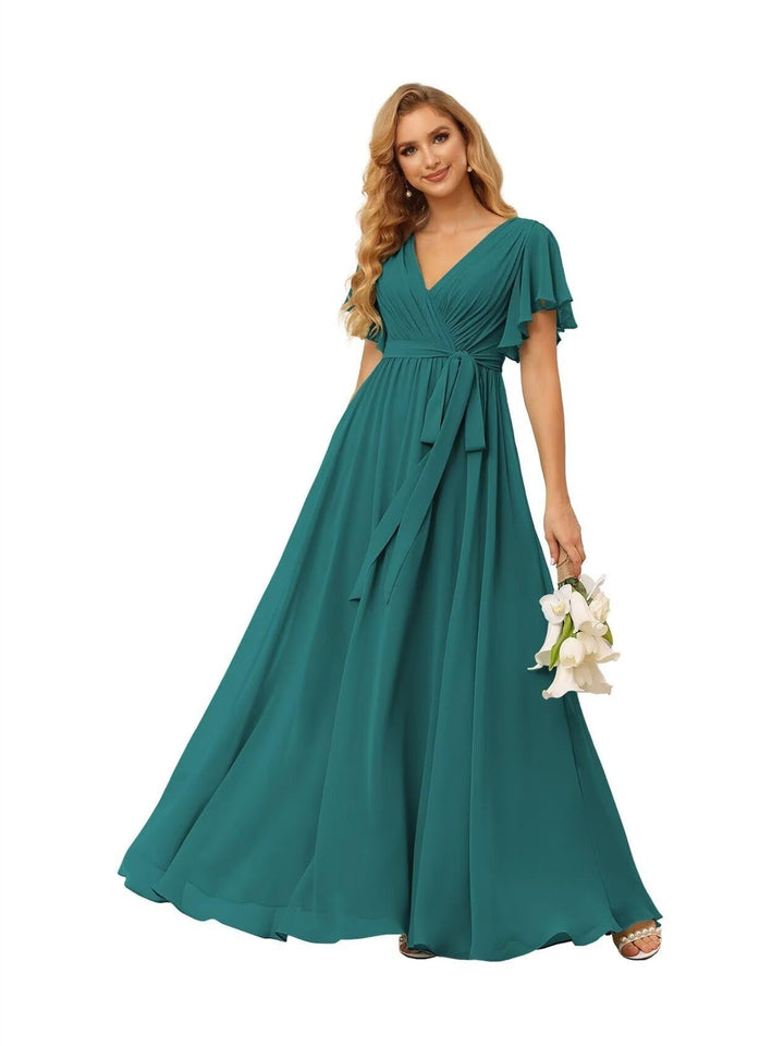 Ligne A  Col en V Court Manche   Floor Length Robes de Demoiselle d'Honneur  Mousseline  avec Froufrous Bow(s)