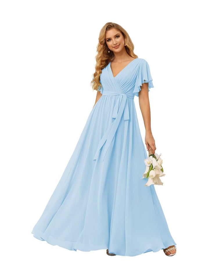 Ligne A  Col en V Court Manche   Floor Length Robes de Demoiselle d'Honneur  Mousseline  avec Froufrous Bow(s)
