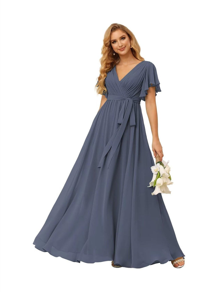 Ligne A  Col en V Court Manche   Floor Length Robes de Demoiselle d'Honneur  Mousseline  avec Froufrous Bow(s)