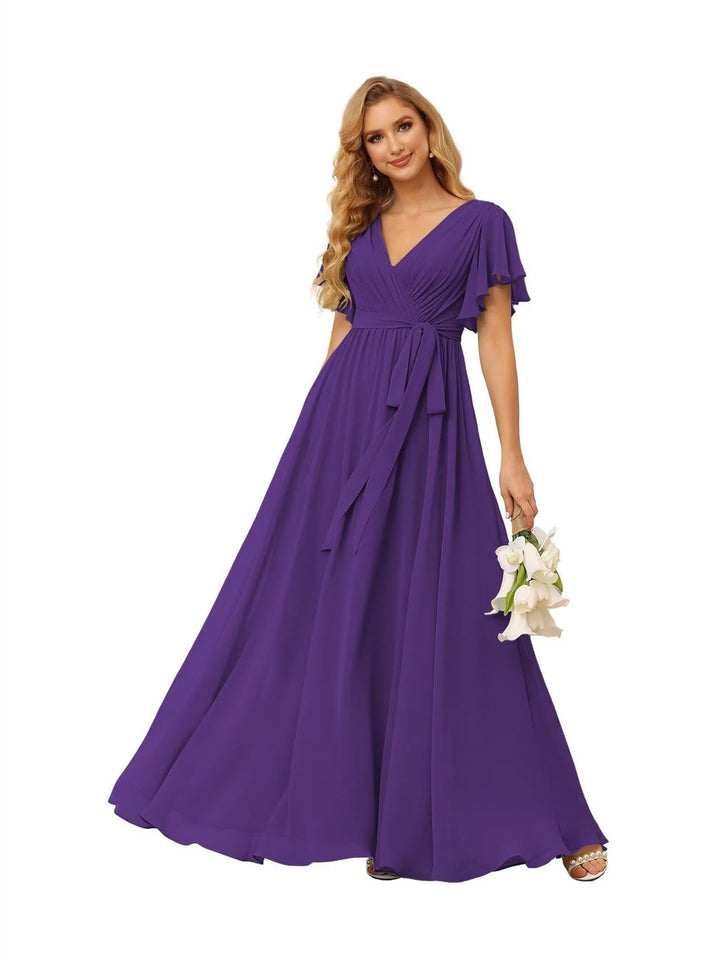 Ligne A  Col en V Court Manche   Floor Length Robes de Demoiselle d'Honneur  Mousseline  avec Froufrous Bow(s)