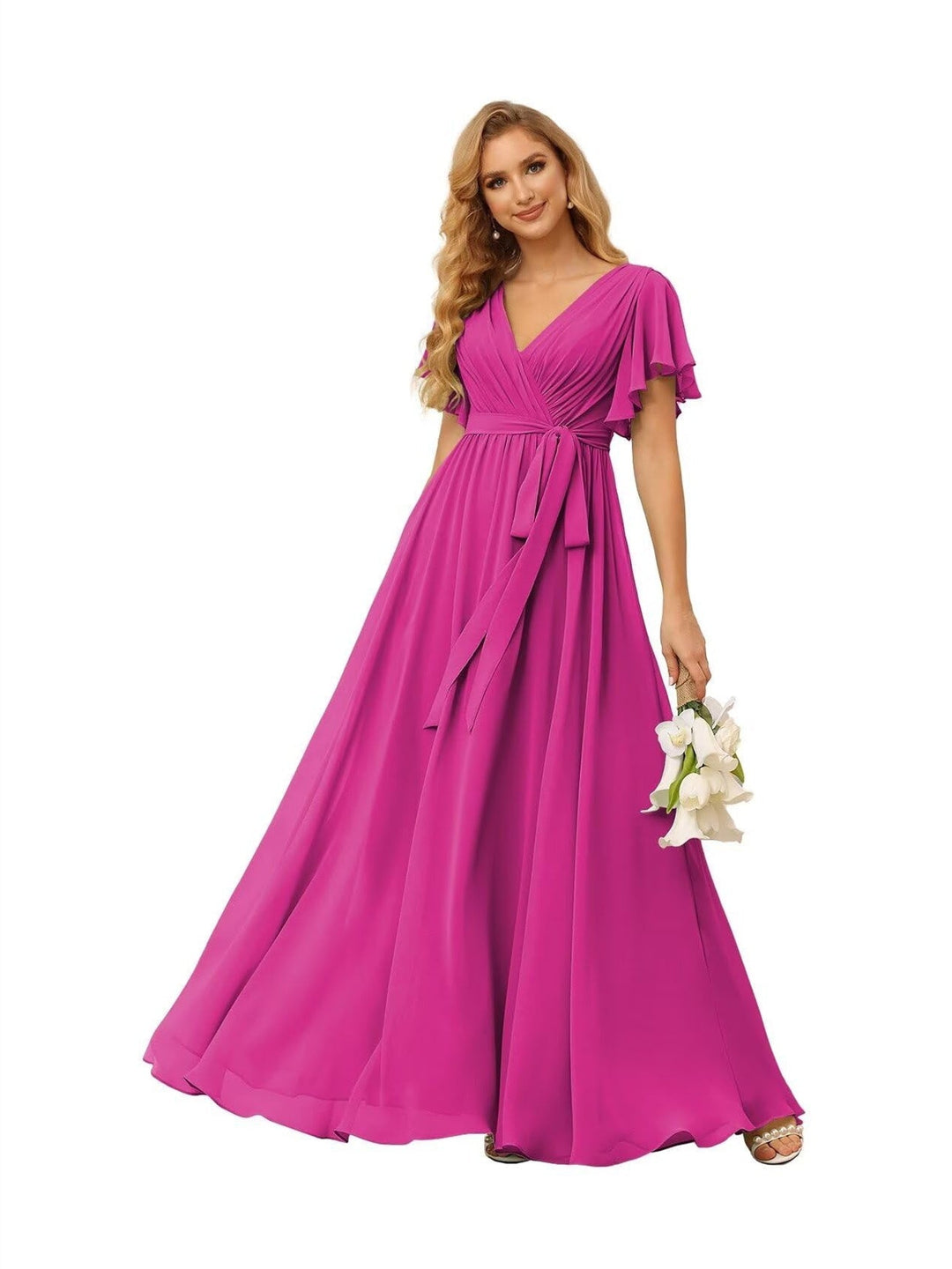 Ligne A  Col en V Court Manche   Floor Length Robes de Demoiselle d'Honneur  Mousseline  avec Froufrous Bow(s)