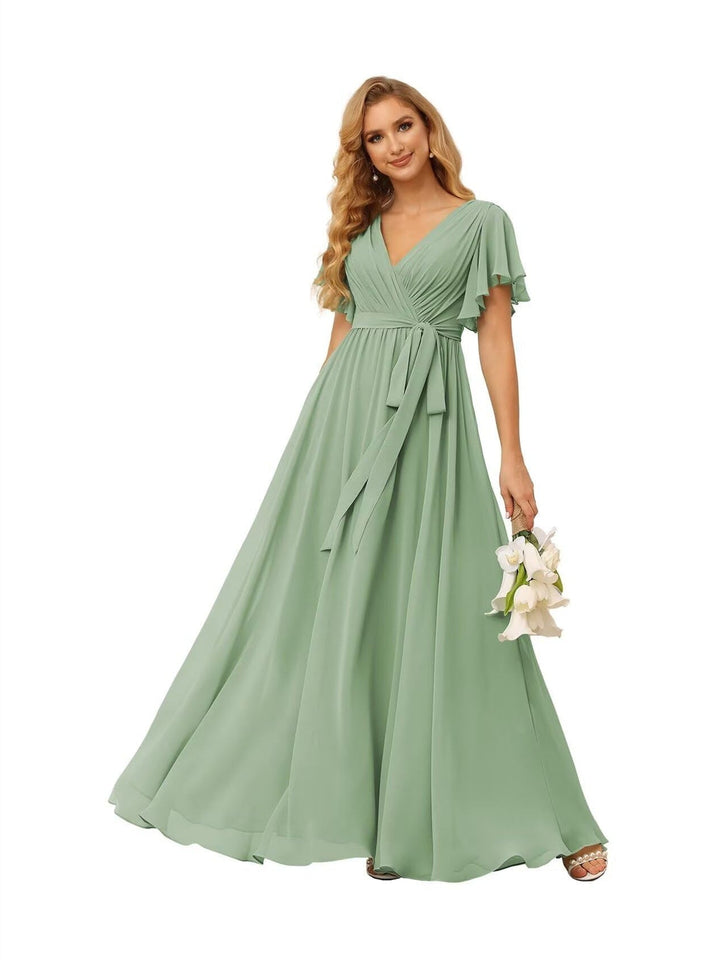 Ligne A  Col en V Court Manche   Floor Length Robes de Demoiselle d'Honneur  Mousseline  avec Froufrous Bow(s)