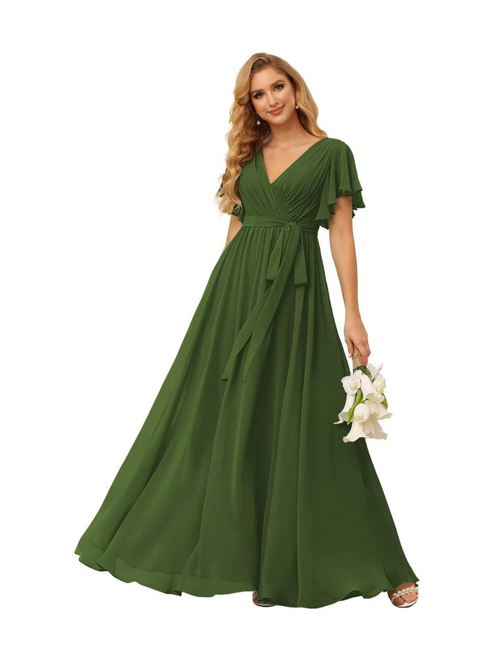Ligne A  Col en V Court Manche   Floor Length Robes de Demoiselle d'Honneur  Mousseline  avec Froufrous Bow(s)