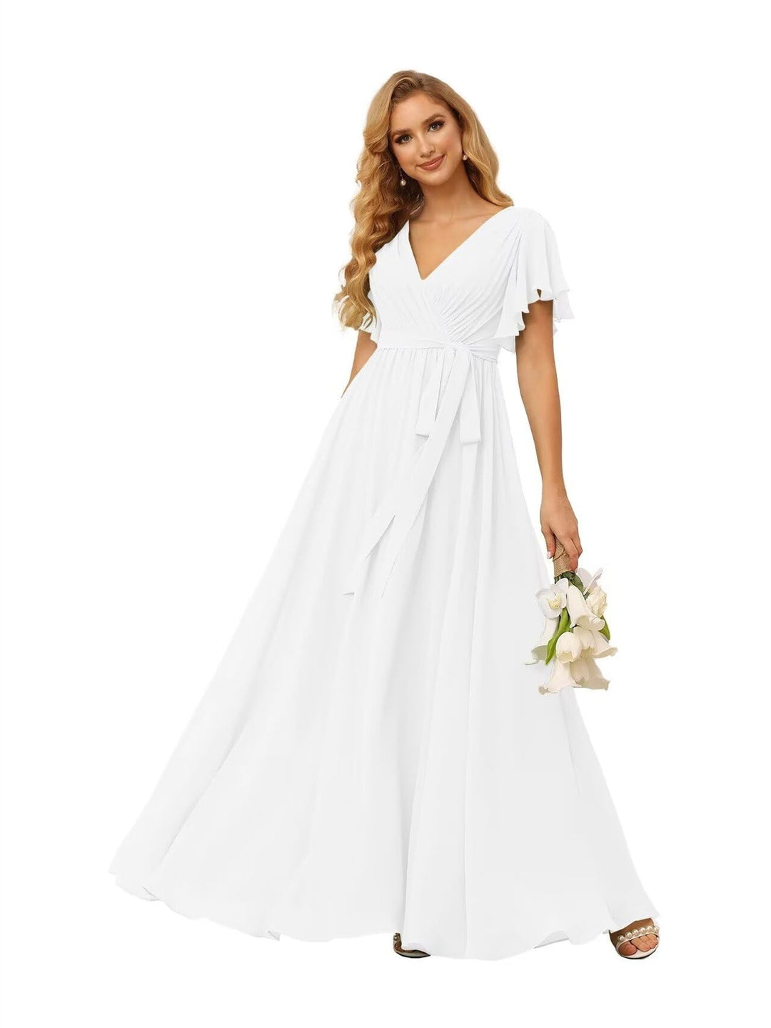 Ligne A  Col en V Court Manche   Floor Length Robes de Demoiselle d'Honneur  Mousseline  avec Froufrous Bow(s)