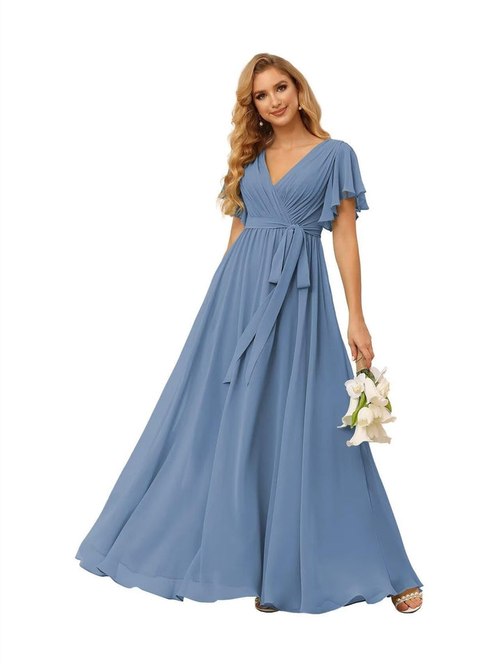 Ligne A  Col en V Court Manche   Floor Length Robes de Demoiselle d'Honneur  Mousseline  avec Froufrous Bow(s)