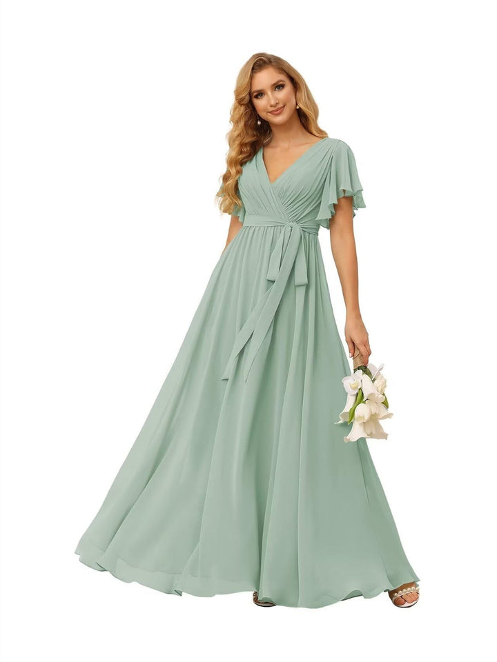Ligne A  Col en V Court Manche   Floor Length Robes de Demoiselle d'Honneur  Mousseline  avec Froufrous Bow(s)