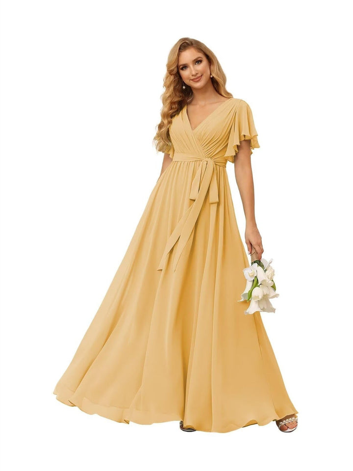 Ligne A  Col en V Court Manche   Floor Length Robes de Demoiselle d'Honneur  Mousseline  avec Froufrous Bow(s)