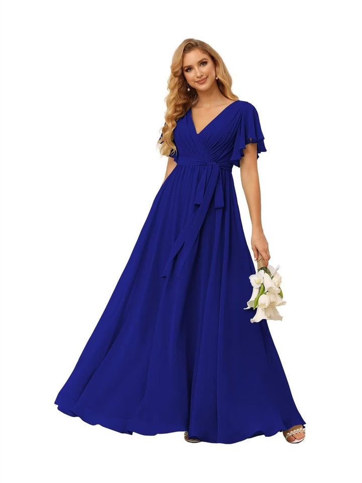 Ligne A  Col en V Court Manche   Floor Length Robes de Demoiselle d'Honneur  Mousseline  avec Froufrous Bow(s)