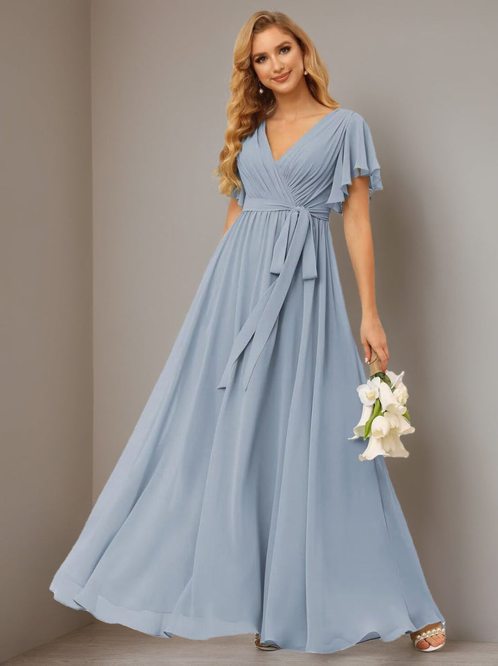 Ligne A  Col en V Court Manche   Floor Length Robes de Demoiselle d'Honneur  Mousseline  avec Froufrous Bow(s)