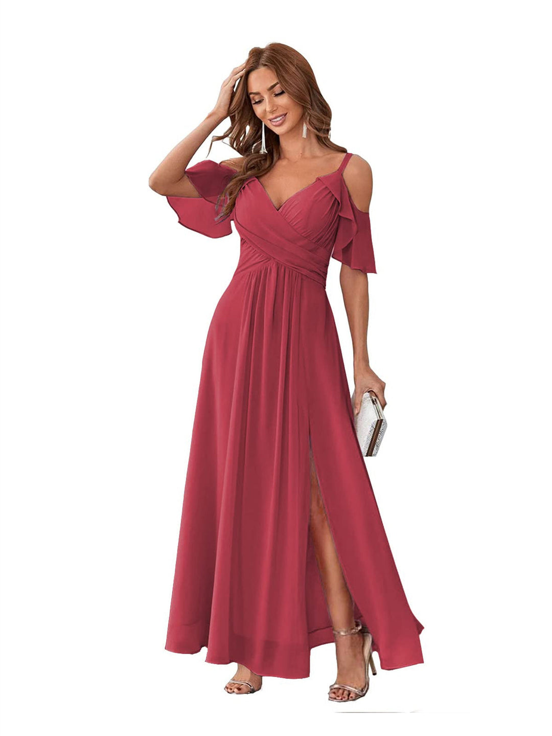 Ligne A/Princesse  Col en V Court Manche Bretelles Spaghetti Ankle  Length Robes de Demoiselle d'Honneur  Mousseline avec Froufrous Bow(s)