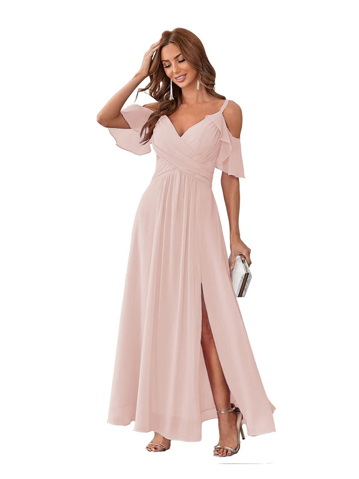 Ligne A/Princesse  Col en V Court Manche Bretelles Spaghetti Ankle  Length Robes de Demoiselle d'Honneur  Mousseline avec Froufrous Bow(s)