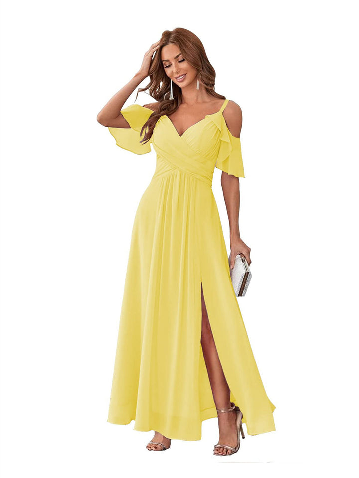 Ligne A/Princesse  Col en V Court Manche Bretelles Spaghetti Ankle  Length Robes de Demoiselle d'Honneur  Mousseline avec Froufrous Bow(s)