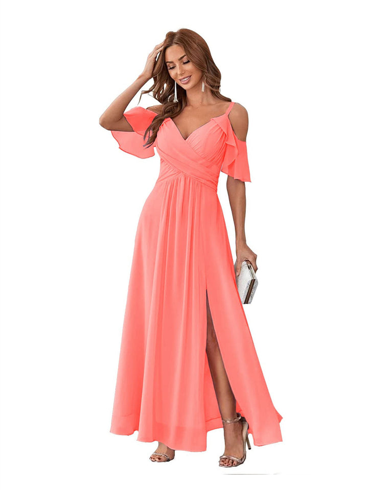 Ligne A/Princesse  Col en V Court Manche Bretelles Spaghetti Ankle  Length Robes de Demoiselle d'Honneur  Mousseline avec Froufrous Bow(s)