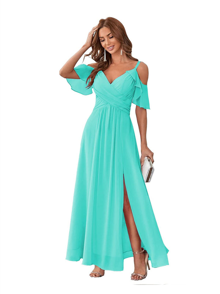 Ligne A/Princesse  Col en V Court Manche Bretelles Spaghetti Ankle  Length Robes de Demoiselle d'Honneur  Mousseline avec Froufrous Bow(s)