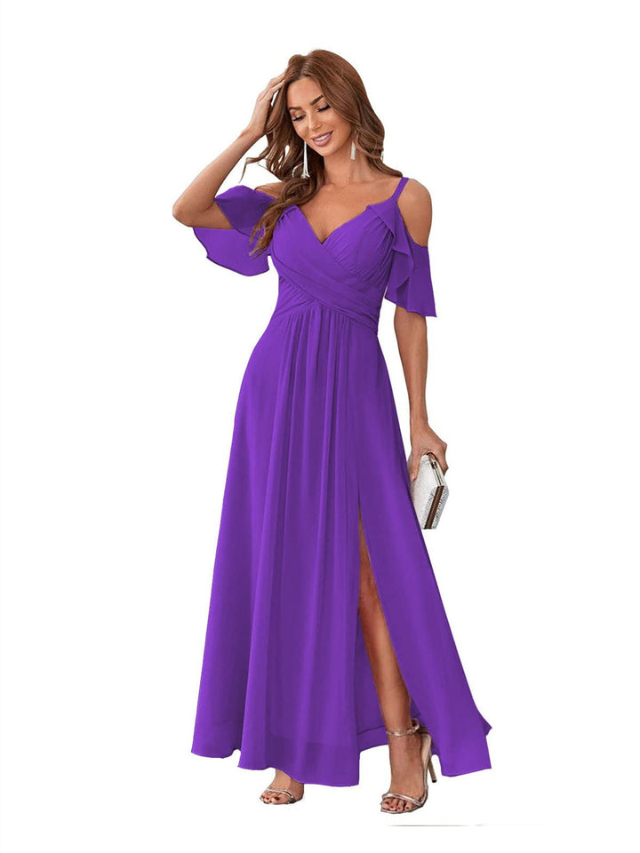 Ligne A/Princesse  Col en V Court Manche Bretelles Spaghetti Ankle  Length Robes de Demoiselle d'Honneur  Mousseline avec Froufrous Bow(s)