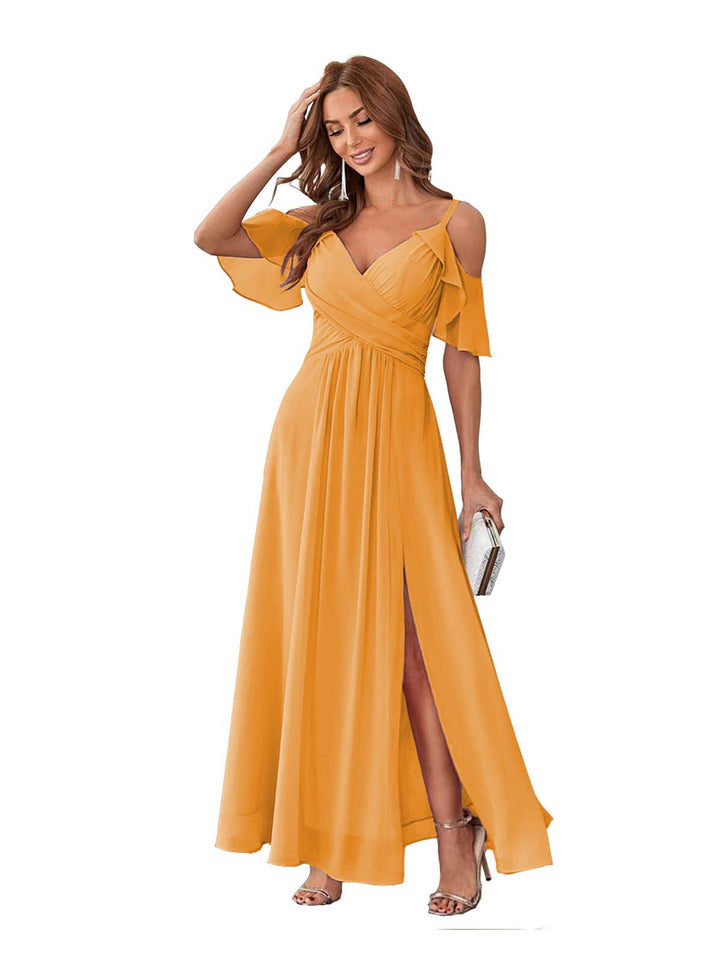 Ligne A/Princesse  Col en V Court Manche Bretelles Spaghetti Ankle  Length Robes de Demoiselle d'Honneur  Mousseline avec Froufrous Bow(s)