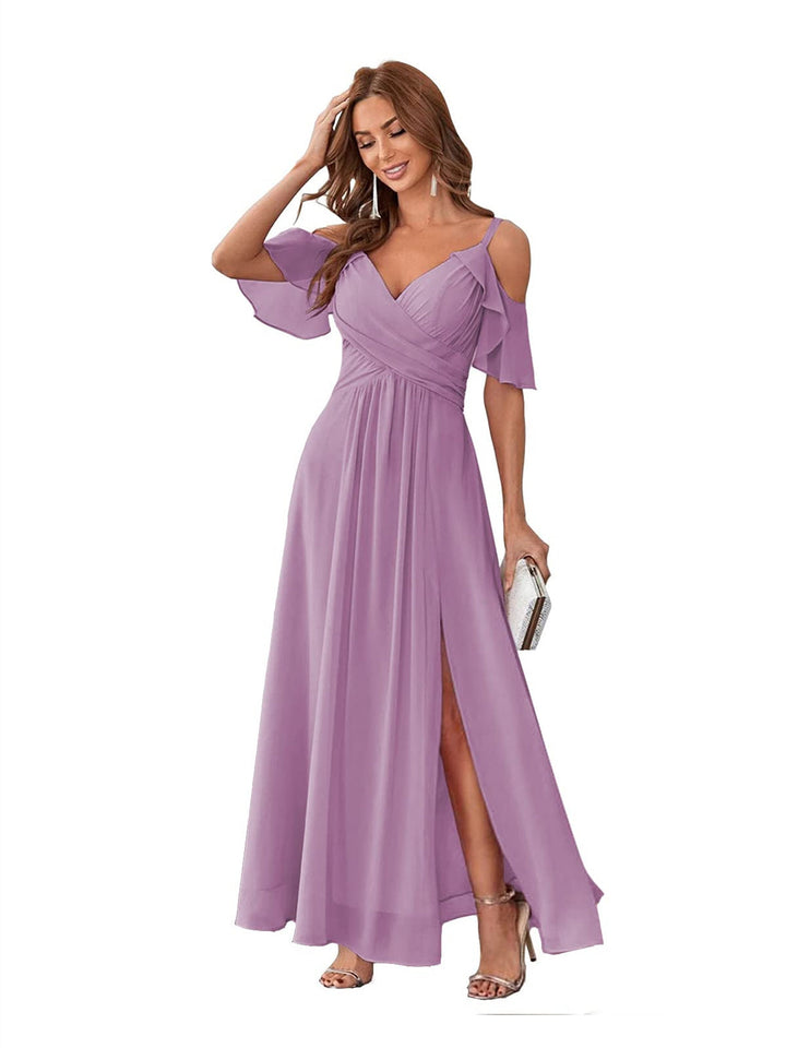 Ligne A/Princesse  Col en V Court Manche Bretelles Spaghetti Ankle  Length Robes de Demoiselle d'Honneur  Mousseline avec Froufrous Bow(s)