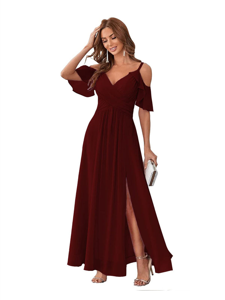 Ligne A/Princesse  Col en V Court Manche Bretelles Spaghetti Ankle  Length Robes de Demoiselle d'Honneur  Mousseline avec Froufrous Bow(s)