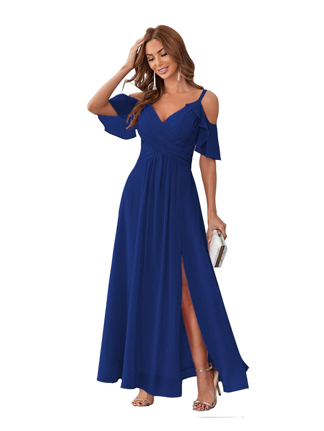 Ligne A/Princesse  Col en V Court Manche Bretelles Spaghetti Ankle  Length Robes de Demoiselle d'Honneur  Mousseline avec Froufrous Bow(s)