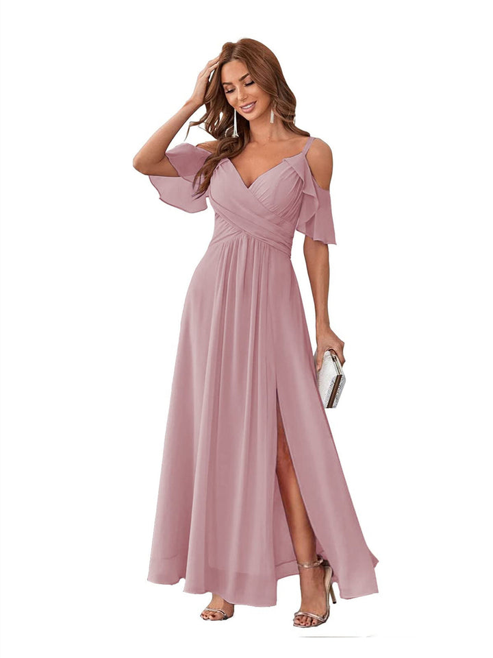 Ligne A/Princesse  Col en V Court Manche Bretelles Spaghetti Ankle  Length Robes de Demoiselle d'Honneur  Mousseline avec Froufrous Bow(s)