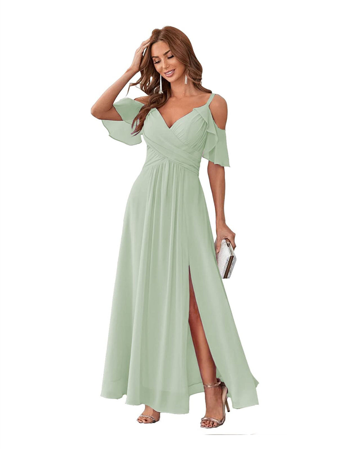 Ligne A/Princesse  Col en V Court Manche Bretelles Spaghetti Ankle  Length Robes de Demoiselle d'Honneur  Mousseline avec Froufrous Bow(s)