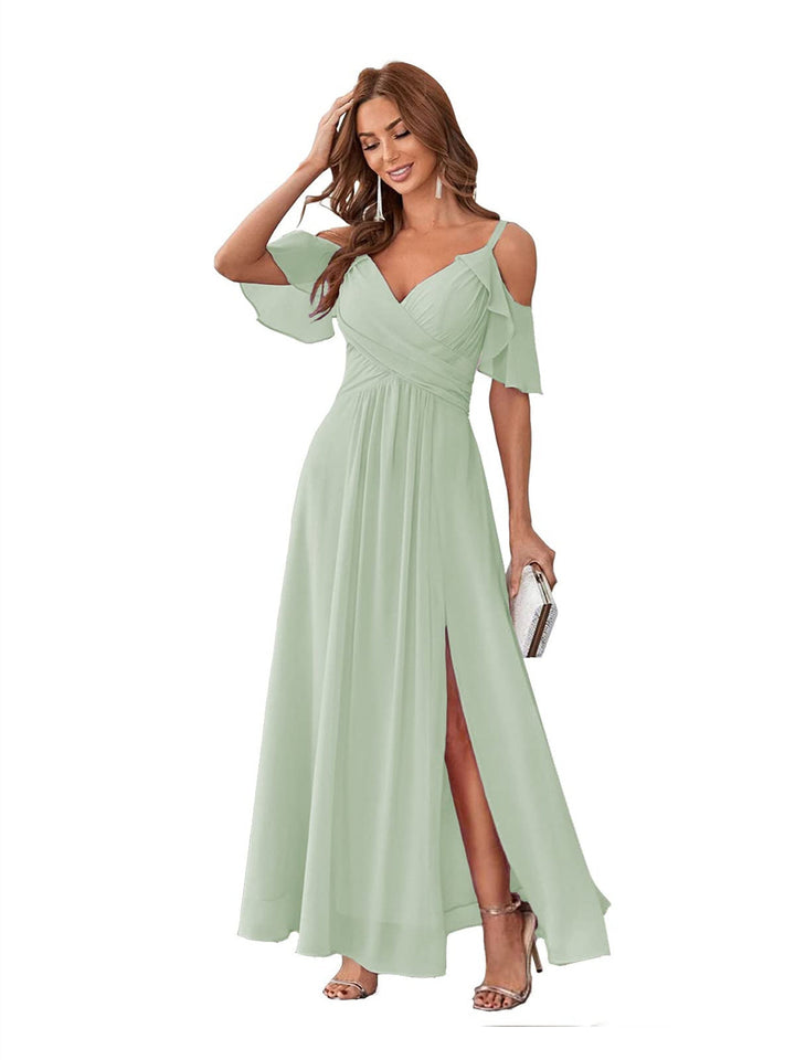 Ligne A/Princesse  Col en V Court Manche Bretelles Spaghetti Ankle  Length Robes de Demoiselle d'Honneur  Mousseline avec Froufrous Bow(s)